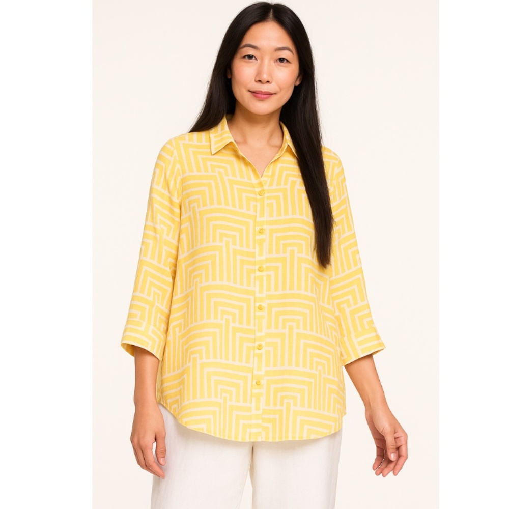 Chico's Women's Button Up Shirt 100% Linen No IRON Yellow White ¾ Sleeves Large